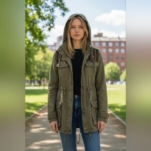 Triple Five Soul Boho Utility Jacket in Olive w Emroidered Collar 17in P2P XS